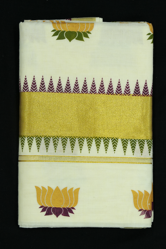 Lotus Print Set Saree – Golden Lotus Design with Temple Border (#0001)