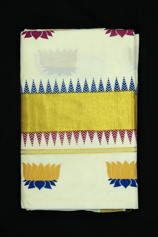 Lotus Print Set Saree – Golden Lotus Design with Temple Border (#0008)