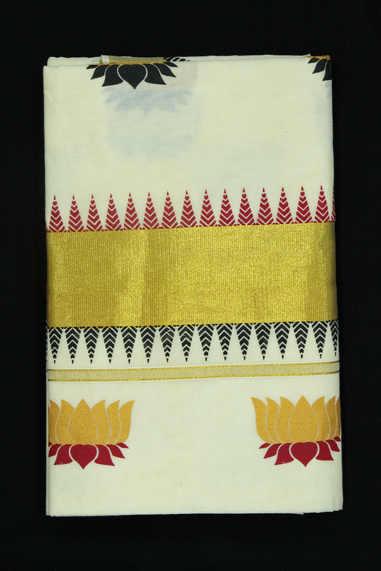 Lotus Print Set Saree – Golden Lotus Design with Temple Border (#0006)