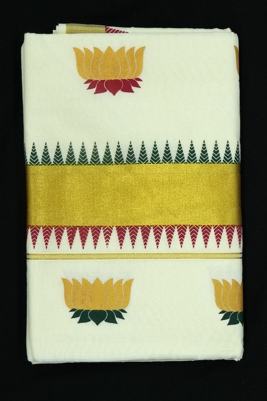 Lotus Print Set Saree – Golden Lotus Design with Temple Border (#0003)