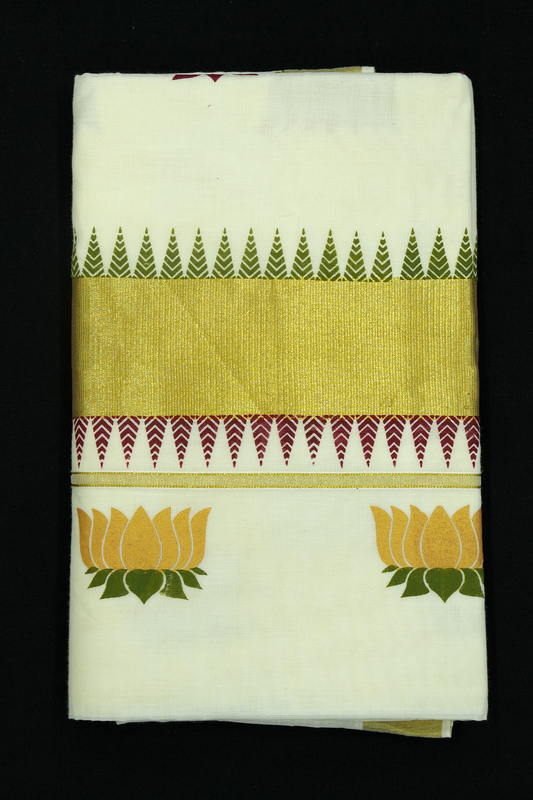 Lotus Print Set Saree – Golden Lotus Design with Temple Border (#0005)
