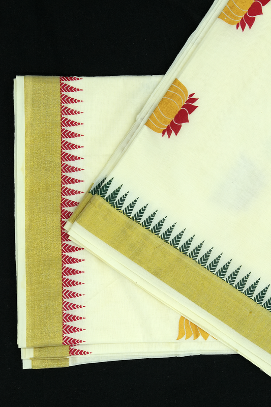 Lotus Print Set Saree – Golden Lotus Design with Temple Border (#0003)