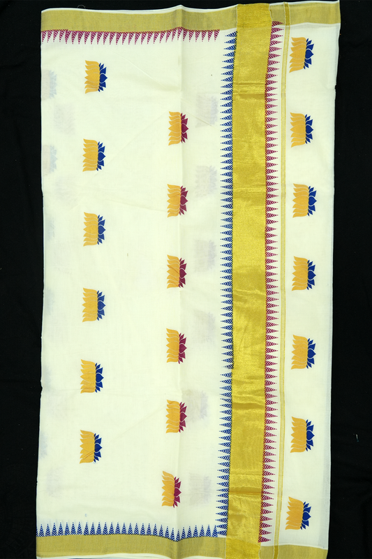 Lotus Print Set Saree – Golden Lotus Design with Temple Border (#0008)