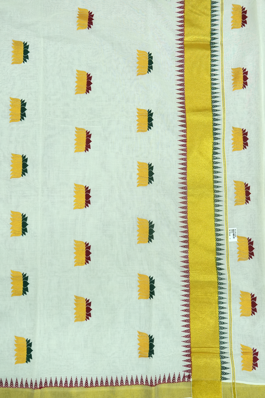 Lotus Print Set Saree – Golden Lotus Design with Temple Border (#0004)