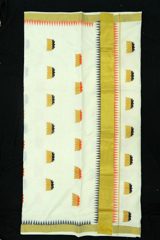 Lotus Print Set Saree – Golden Lotus Design with Temple Border (#0007)
