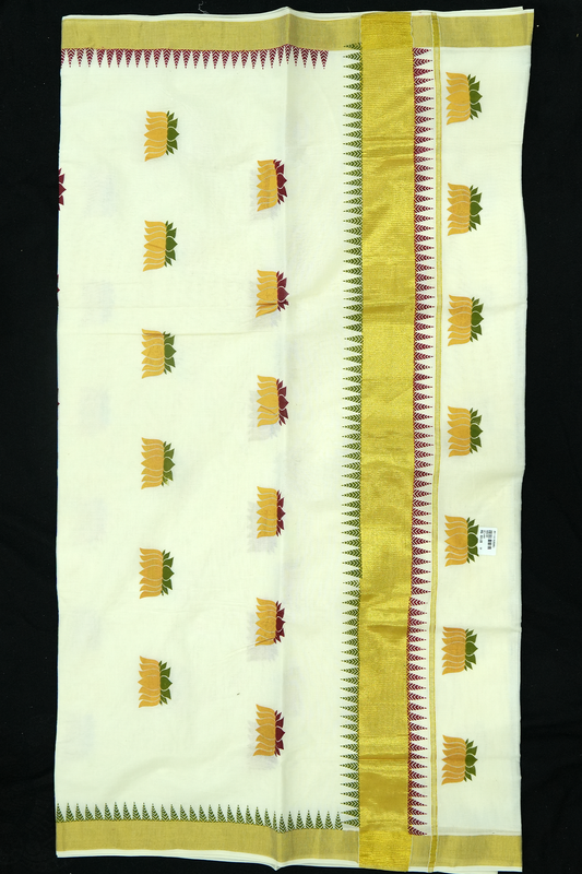 Lotus Print Set Saree – Golden Lotus Design with Temple Border (#0005)