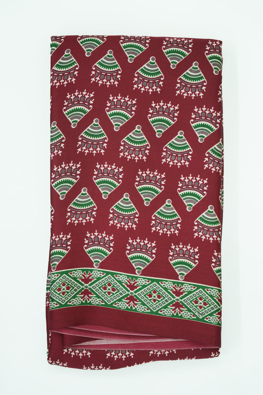 Modal Batik Saree – Deep Red With Elegant Green Work