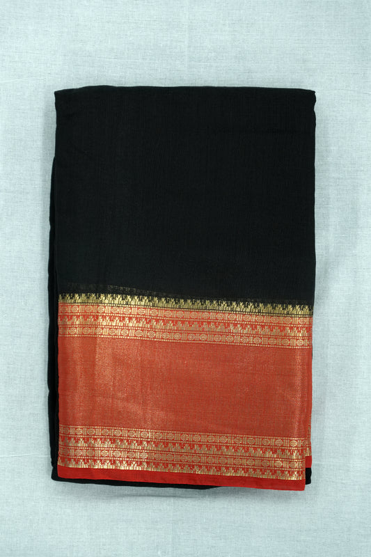 Mal Mal Cotton Saree – Black Body with Red Border & Golden Work