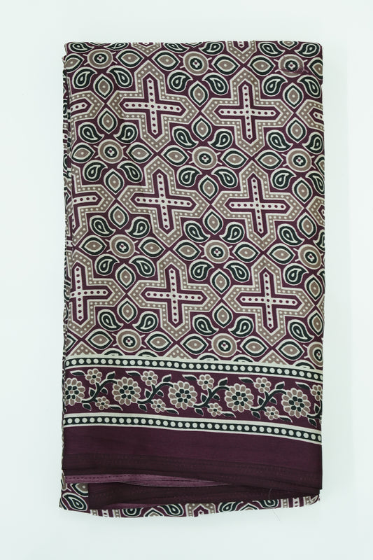 Modal Batik Saree – Deep Burgundy with Floral & Cross Motif Design