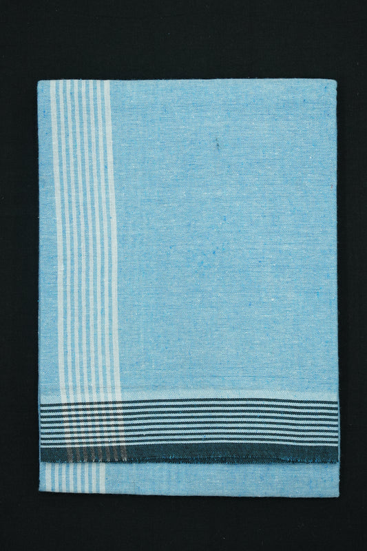 Single Dhothi (Kaily #0022) – Sky Blue with White Lines Kara & Navy Blue Border