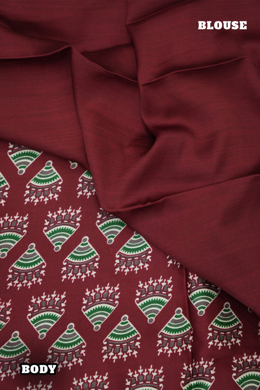 Modal Batik Saree – Deep Red With Elegant Green Work