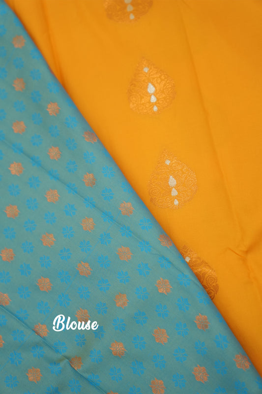 Soft Silk Saree with Copper Zari – Yellow and Light Blue