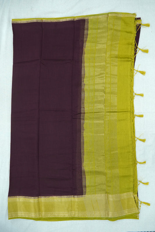 Mal Mal Cotton Saree – Purple Body with Yellow Border & Golden Work