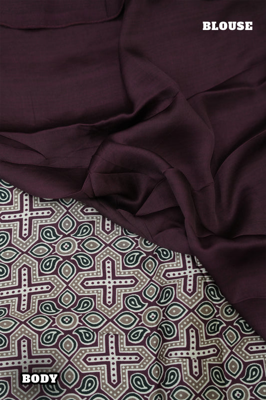 Modal Batik Saree – Deep Burgundy with Floral & Cross Motif Design