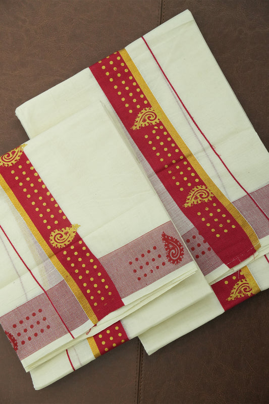 Set Mundu – Bold Red Grace with Golden Accents