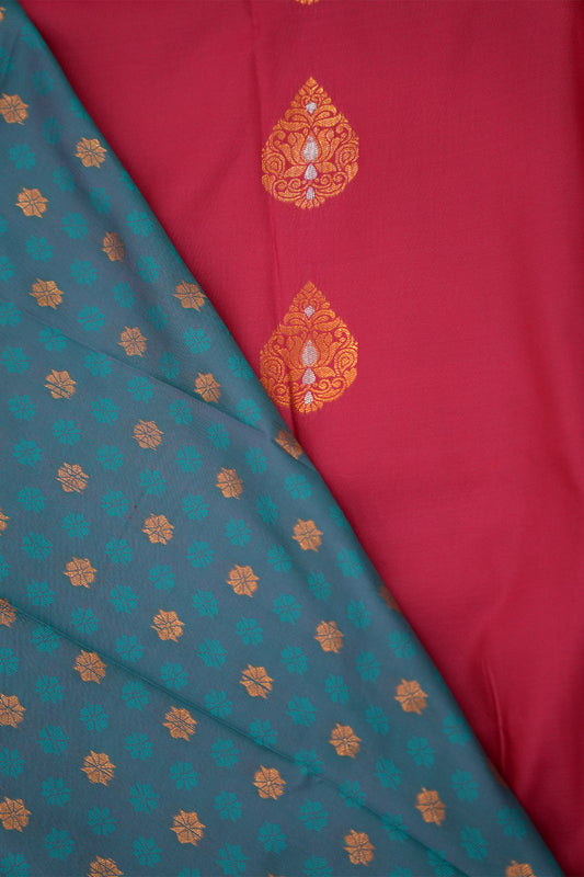Soft Silk Saree with Copper Zari – Rani Pink and Teal Green