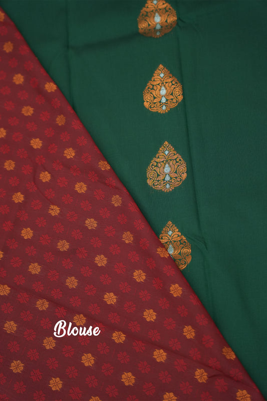Soft Silk Saree with Copper Zari – Dark Green and Maroon