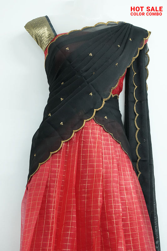 Organza Dhavani Set – Red & Black