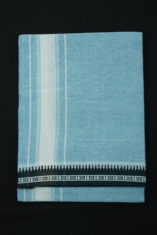 Single Dhothi (Kaily #0030) – Pastel Cyan with White Lines Kara & Temple Border