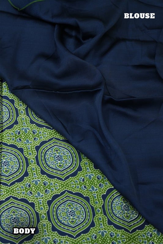 Modal Batik Saree – Royal Blue with Green motif Accents