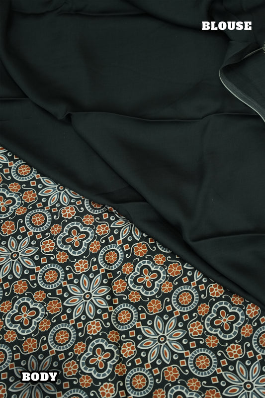 Modal Batik Saree – Black with Ash Blue & Orange Motifs