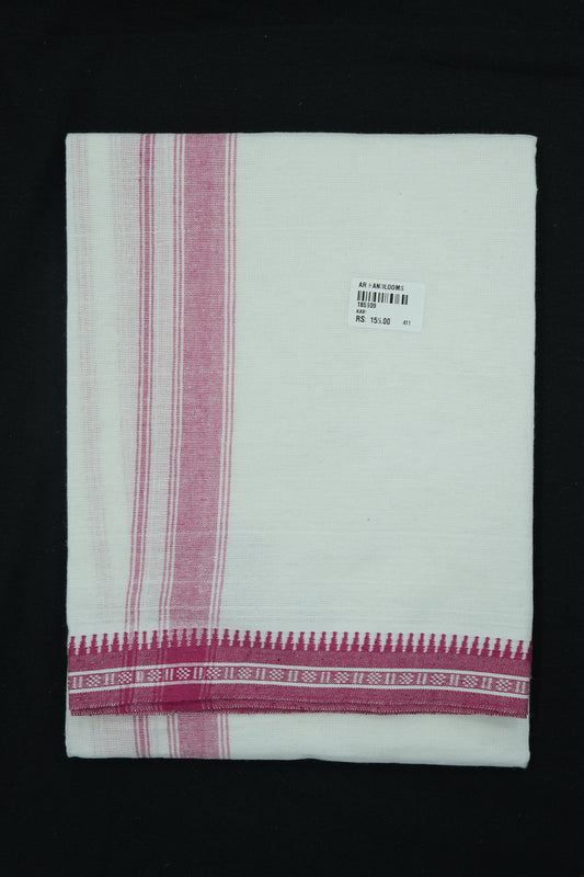 Single Dhothi (Kaily) – White with Rose Kara & Temple Border