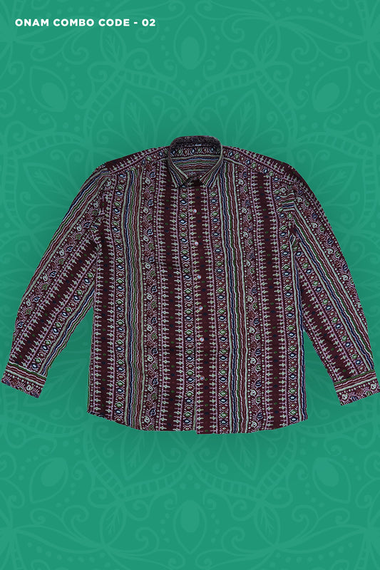Men’s Onam Combo Set – Coffee Brown Ajrakh Print Shirt with Matching Dhoti (MOC02)