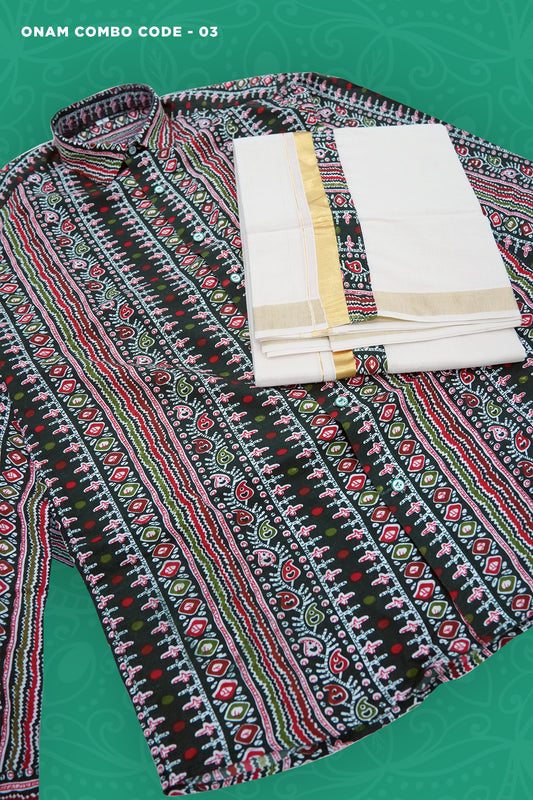 Men’s Onam Combo Set – Dark Green Ajrakh Print Shirt with Matching Dhoti (MOC03)