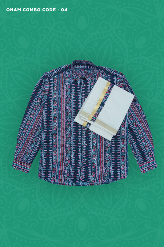 Men’s Onam Combo Set – Dark Blue Ajrakh Print Shirt with Matching Dhoti (MOC04)
