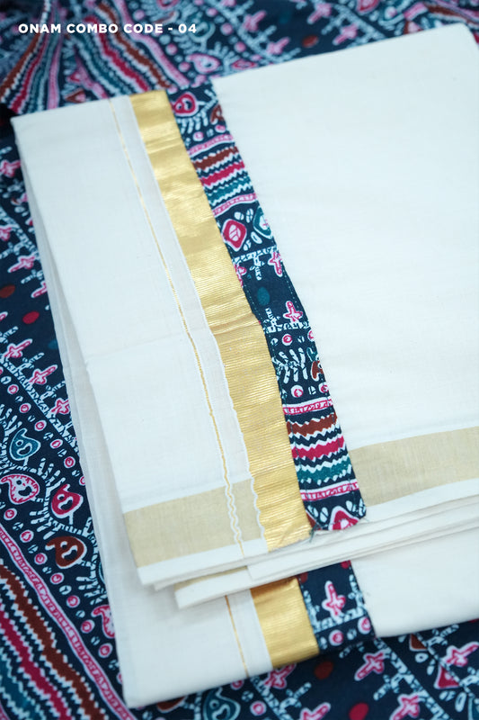 Men’s Onam Combo Set – Dark Blue Ajrakh Print Shirt with Matching Dhoti (MOC04)