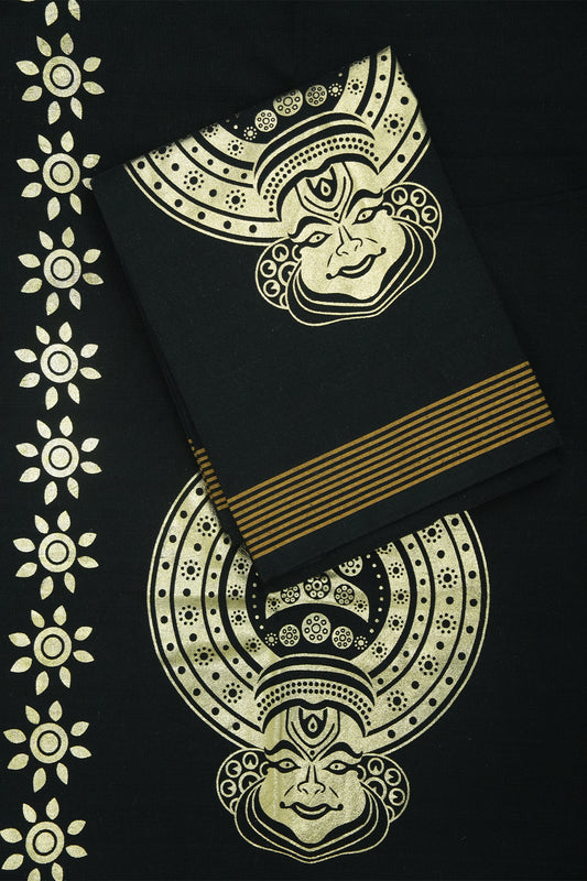 Golden Kathakali Print Single Dhothi – Black with Dark Yellow Border