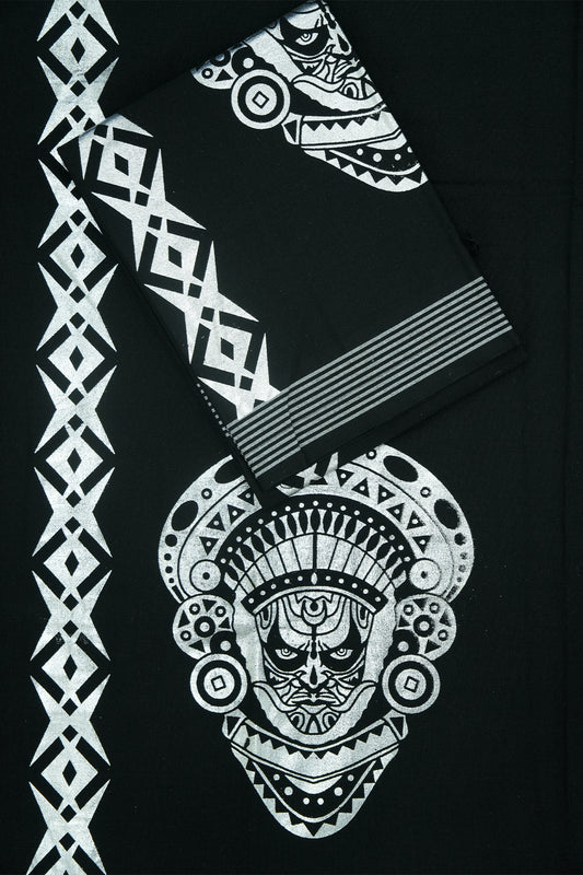 Silver Theyyam Print Single Dhothi – Divine Elegance in Black