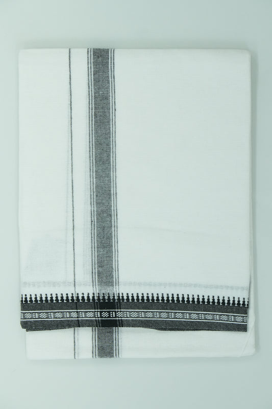 Single Dhothi (Kaily) – White with Black Kara & Temple Border