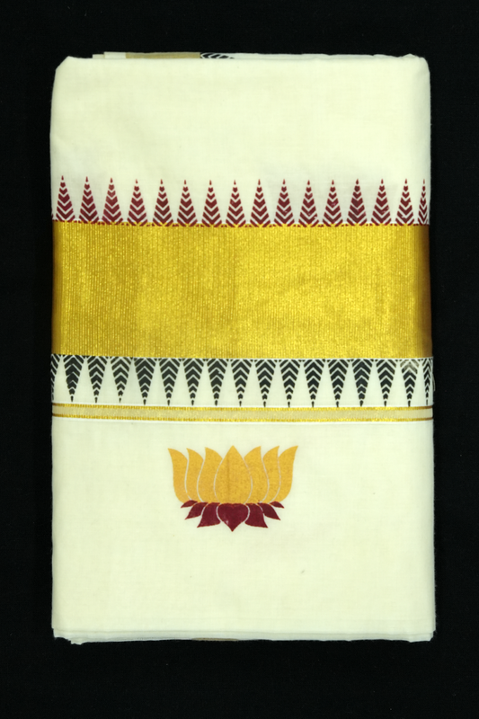 Lotus Print Set Saree – Golden Lotus Design with Temple Border (#0002)
