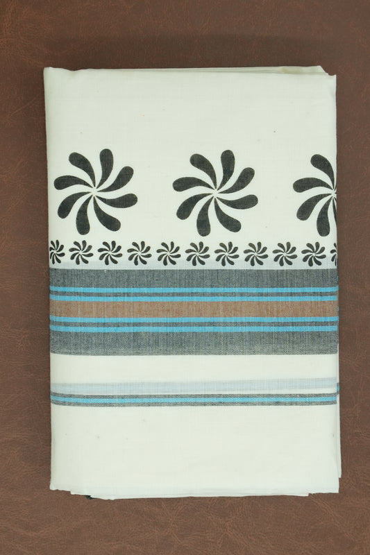 Mulloth Set Mundu – Black Grace with Cyan Accents & Bold Circular Print
