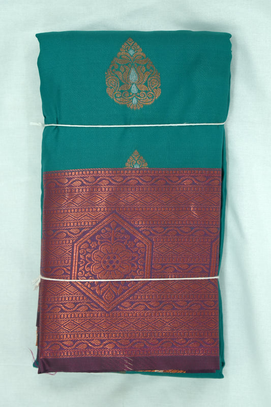Soft Silk Saree with Copper Zari – Peacock Green and Vadamalli