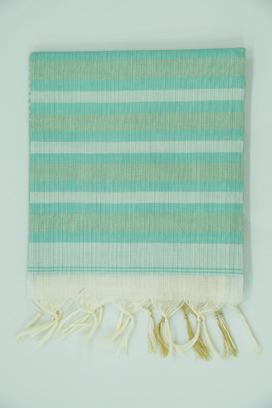 Cotton Saree – Aquamarine with Golden Zari Lines