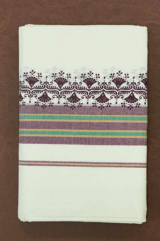 Mulloth Set Mundu – Brown & Maroon Print with Green Lines