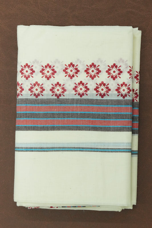 Mulloth Set Mundu – Brown Kara with Blue Lines & Red Motif Prints