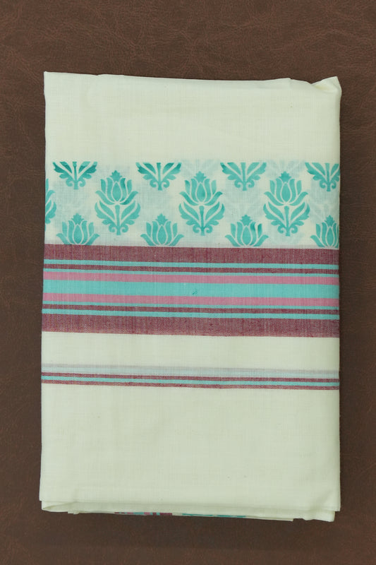 Mulloth Set Mundu – Maroon & Cyan Floral Elegance