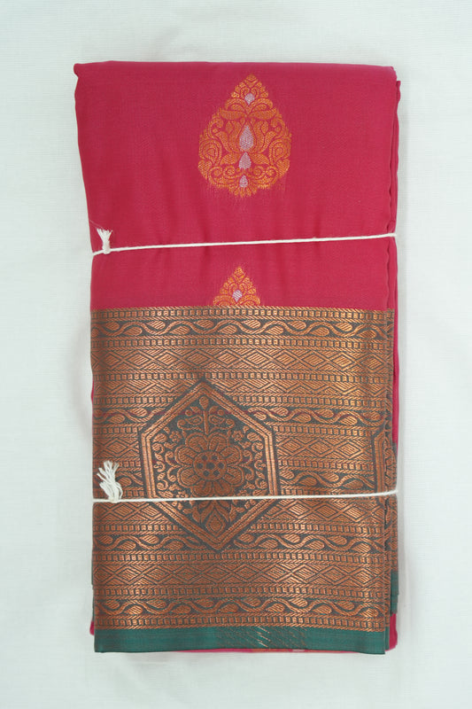 Soft Silk Saree with Copper Zari – Rani Pink and Teal Green