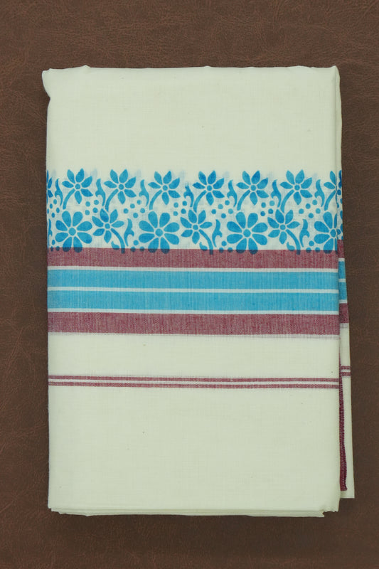 Mulloth Set Mundu – Sky Blue & Red Floral Elegance
