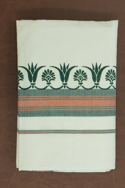 Mulloth Set Mundu – Green Grace with Orange Bloom