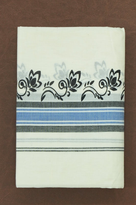 Mulloth Set Mundu – Black Elegance with Blue Floral Touch