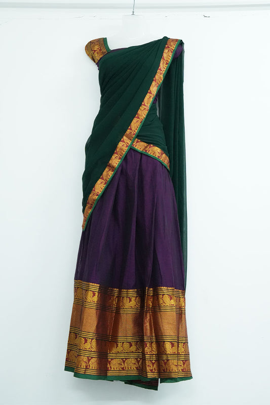 Narayanpet Cotton Dhavani Set – Indigo Skirt with Bottle Green Dupatta