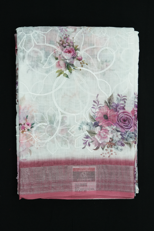 Christmas Collection Saree – Pastel Rose with Embroidery & Floral Digital Print