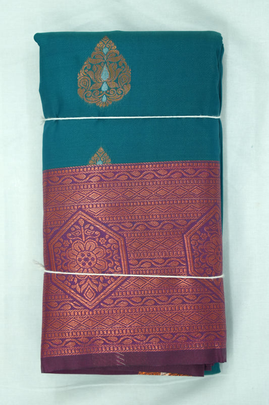 Soft Silk Saree with Copper Zari – Peacock Blue and Vadamalli