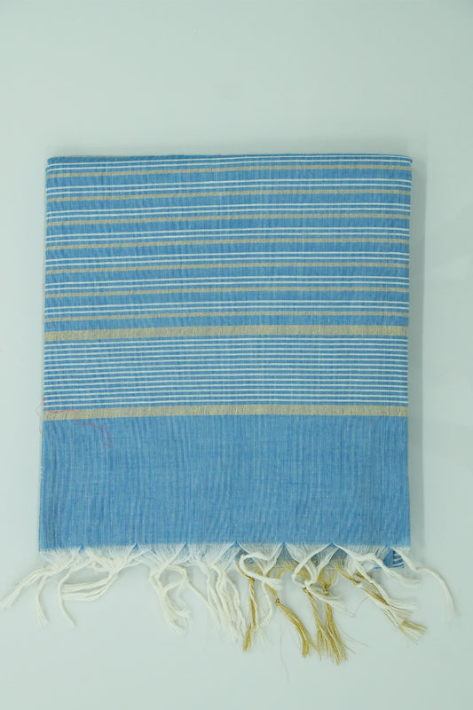 Cotton Saree – Blue with Golden Zari Lines