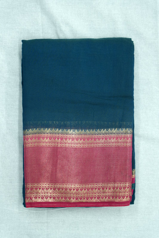 Mal Mal Cotton Saree – Teal Blue Body with Rose Border & Golden Work