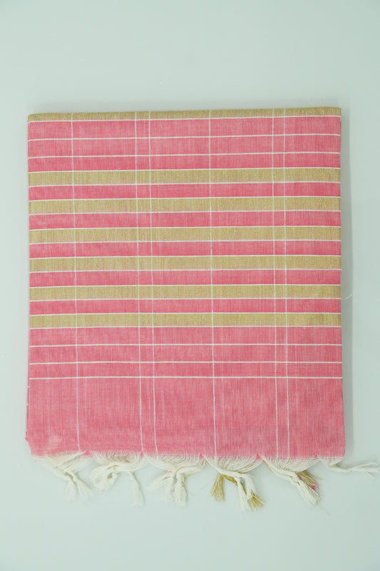 Cotton Saree – Coral with Golden Zari Lines